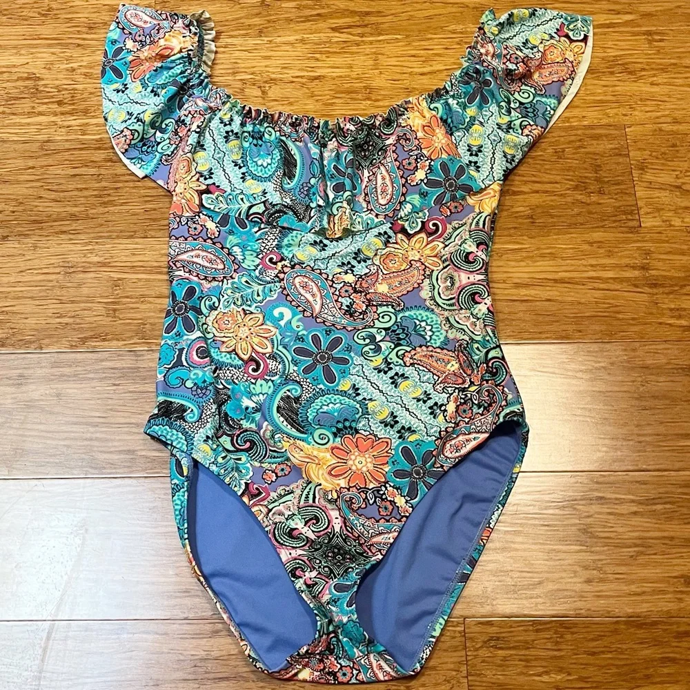 Bleu Rod Beattie Colorful Floral Paisley Ruffle Teal Blue One-Piece Swimsuit. 10 - Picture 4 of 14